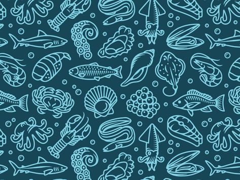 Seafood pattern by Vladislav Troshin on Dribbble Seafood Doodle, Sea Pattern Illustration, Fish Pattern Design, Seafood Illustration, Nhl Teams, Seattle Kraken, Flyer And Poster Design, Fish Patterns, Pattern Ideas