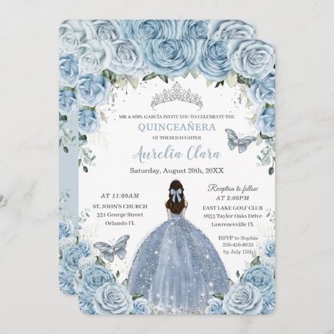 Quinceañera Blue Floral Butterflies Silver Tiara Invitation Quinceanera Blue, Quinceañera Invitations, Invitations Quinceanera, Debut Photoshoot, Quince Invitations, Butterfly Invitations, Cinderella Princess, Light Blue Roses, Rose Girl