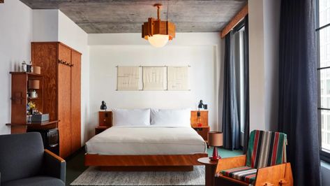 Ace Hotel Brooklyn, Tiny Library, Bedroom Photography, Open Hotel, Roman And Williams, Modern Style Bedroom, Mid Century Modern Bedroom, Freestanding Fireplace, Ace Hotel