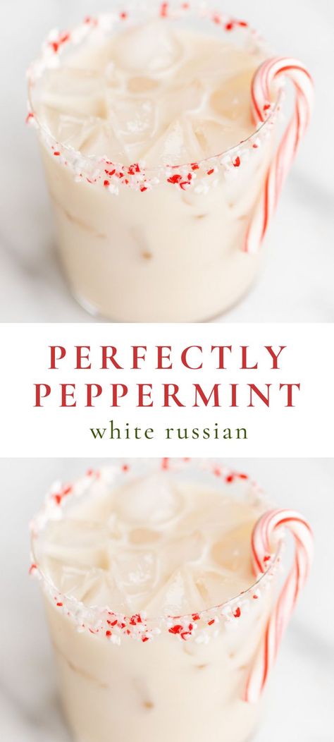 Holiday White Russian Recipe, Drinks With Half And Half, Pepermint Vodka Cocktails, White Christmas Drinks For Adults, White Holiday Drinks, Cocktails With Half And Half, Peppermint Mixed Drinks, Rumchata Peppermint Drinks, Christmas Drinks With Peppermint Vodka