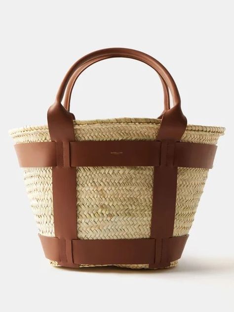 Demellier - Santorini Maxi Leather-trim Basket Bag - Womens - Tan | Matches (UK) Beach Vacation Style, Basket Style, Raffia Hat, Luxury Purses, Brown Shoulder Bag, Leather Sandals Flat, Basket Bag, Suede Sandals, Leather Slides