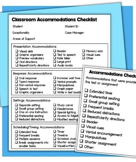 504 Accommodations Cheat Sheets Middle School, Rti Interventions Elementary, Classroom Accommodations, Construction Theme Classroom, Special Education Teacher Binder, Classroom Checklist, Rti Interventions, 2024 Classroom, Classroom Assessment