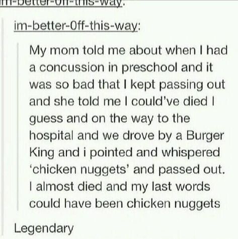 Funny Tumblr Posts, Really Funny Joke, Chicken Nuggets, Hysterically Funny, Chicken Tenders, Really Funny Memes, Funny Stories, Just For Laughs Videos, Tumblr Funny