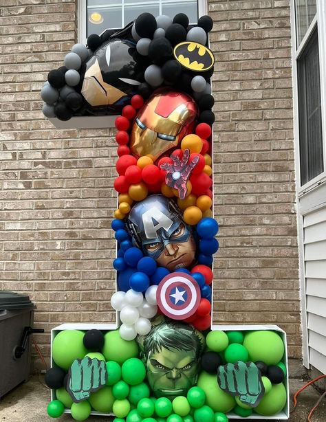 Superhero Birthday Party Balloons, Marvel Avengers Theme Party, 1st Birthday Superhero Theme, Super Hero Birthday Decoration, Marvelous One Birthday, Avenger Balloon Arch, Baby Marvel Birthday Party, First Birthday Superhero Theme, Spiderman 1st Birthday Party Ideas