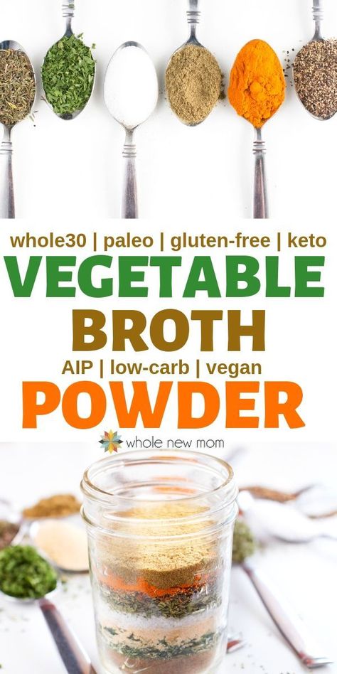 Don't have the chicken, beef, or vegetable broth you need for a recipe?  This Homemade Vegetable Broth Powder is just what you need.  Skip the toxins & fillers in store-bought broth mixes and make this instead. Makes a great all-purpose seasoning too! #paleo #whole30 #keto #glutenfree #THM #vegan Vegetable Broth Powder, Recipes With Vegetable Broth, Homemade Vegetable Broth, Homemade Dry Mixes, Homemade Spice Mix, Spice Blends Recipes, Whole30 Keto, Spice Mix Recipes, Homemade Spice Blends