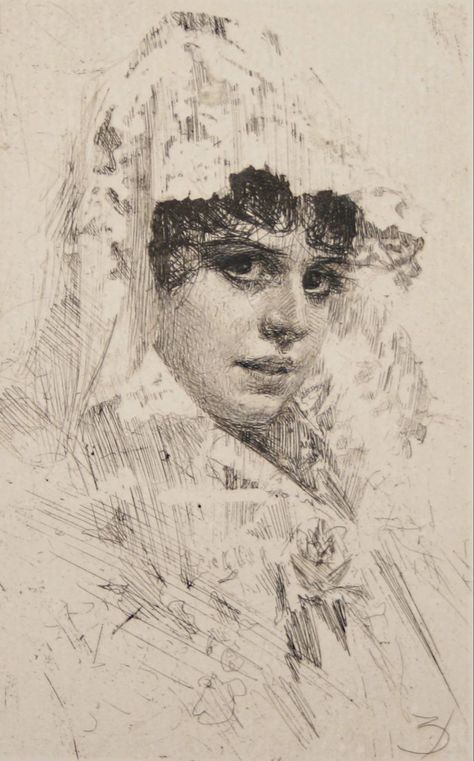 Anders Zorn, Spanjorska (Spanish Lady), 1884, etching, 18 cm x 11.9 cm. Ander Zorn, Anders Zorn, Academic Drawing, Spanish Woman, Etching Prints, Master Drawing, White Drawing, Black And White Drawing, 인물 사진