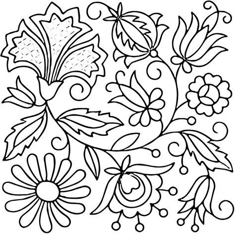 Mexican Folk Art Pattern, Bordado Jacobean, Drawing Of Flowers, Mexican Embroidery Designs, Jacobean Embroidery, Polish Folk Art, Hungarian Embroidery, Mexican Embroidery, Folk Art Flowers