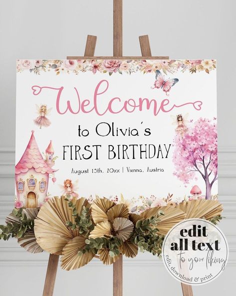 Welcome guests to your magical event with our Fairy Garden Welcome Sign. Whether for a fairy baby shower or enchanted fairy birthday, this customizable template sets the perfect tone. Edit, download, and print to set an enchanting atmosphere. Princess Welcome Sign, Princess First Birthday Party, Garden Welcome Sign, 1st Birthday Welcome Sign, Birthday Decoration Items, Pink Princess Birthday, First Birthday Board, Decorations Items, Princess Birthday Decorations