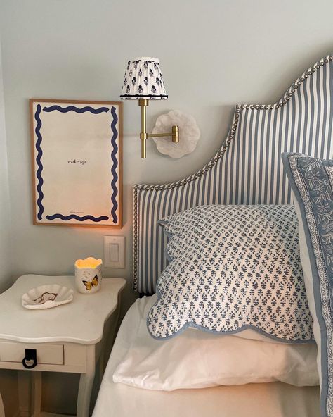 Kate Navarro Interiors on Instagram: “〰️wake up〰️maybe later〰️ Wishing we were sleeping in at our Jersey Shore project’s cozy guest room this Saturday 😴 #bedroomdesign…” Costal Grandma Bedding, Coastal Granddaughter Bed Sheets, Beachy Bedding Maine Cottage, Blue Scalloped Bedding, Cozy Guest Rooms, Kids Room Interior Design, Kids Interior Room, Dream Room Inspiration, Dream Spaces