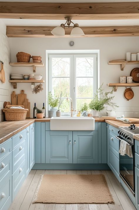 Kitchen Lilac, Blue Cottage Kitchen, Powder Blue Kitchen, Pastel Blue Kitchen, Vintage Blue Kitchen, Thrifting Decor, Light Blue Kitchen, Cottage Core Kitchen, Cottagecore Kitchen