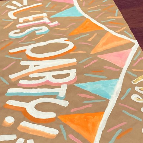 🧡💗🩵 Brown Paper Banner Diy, Painted Banner Ideas, Paper Banner Diy, Butcher Paper Banner, Brown Paper Banner, Birthday Banner Ideas, Painted Banners, Diy Banners, Simple First Birthday