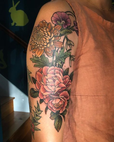 Chrysanthemum And Rose Tattoo, Rose And Daisy Tattoo, Rose Leg Tattoo, Rosé Legs, Prim Rose, Snow Drop, Snow Drops, Spending Time With You, Flower Tattoo Sleeve