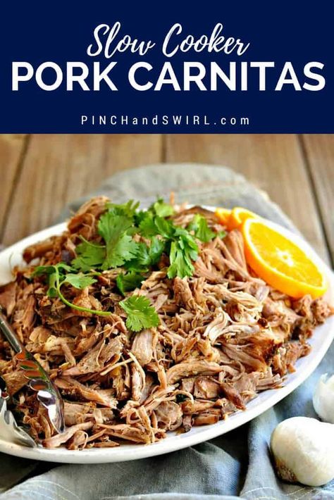 Easy Slow Cooker Pork Carnitas Recipe! With just 5 minutes of prep and then 7 to 8 hours of low and slow cooking in the Crockpot to create deeply flavorful, melt-in-your mouth authentic pork carnitas. Slow Cooker Pork Carnitas, Mexican Slow Cooker, Slow Cooker Carnitas, Pork Carnitas Recipe, Pork Carnitas Slow Cooker, Carnitas Recipe, Pork Carnitas, Slow Cooker Pulled Pork, Slow Cooker Pork