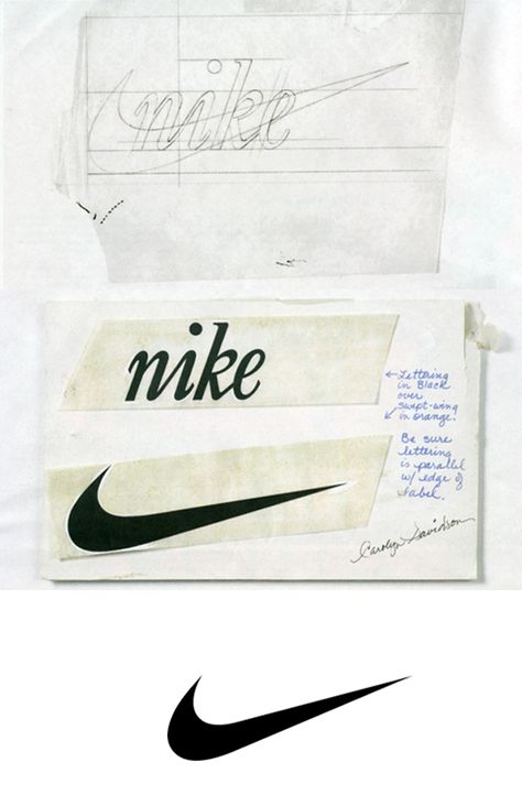 ••LOGO history: how logos stems from sketches: NIKE•• (article on 99designs 2014-05-26) • designer: Carolyn Davidson  1971 Portland State University graphic design student for $35! Founders picked the one “which was the least awful.” Carolyn Davidson Famous Graphic Design, Old Nike, Carolyn Davidson, Nike Poster, Nike Ad, Logo Evolution, Phil Knight, Adidas Cap, Sport Logos