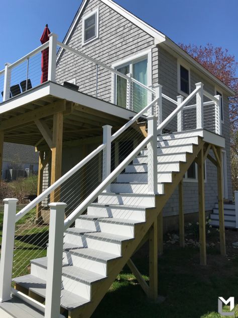 Deck White Railing, Deck With Clear Railings, Cable Railing Front Steps, White Cable Railing, Screen Porch With Cable Railing, White Deck Railing With Wire, Modern Craftsman House, Cable Railing Deck, Deck Remodel