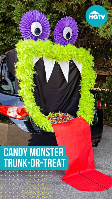 This quick and easy trunk-or-treat idea is great for first-time DIYers or last-minute shoppers. Halloween Car Decorations, Trunker Treat Ideas, Candy Monster, Trunk Or Treat Ideas, Senior Project, Ideas For Halloween, Treat Ideas, Car Inspiration, Trunk Or Treat