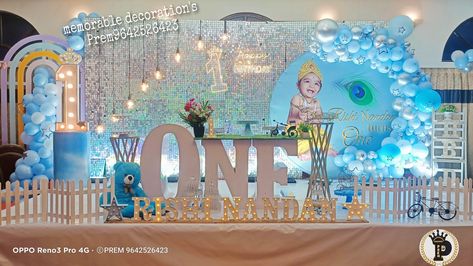 Sky Theme Birthday Decoration, Stage Decorations For Birthday Party, Krishna Theme Birthday Decoration, Krishna Theme Decoration Birthday, Baloon Decoration Ideas Birthday, First Birthday Stage Decorations, Birthday Stage Decoration Ideas, 1st Birthday Decorations Boy, Birthday Party Paper Decorations