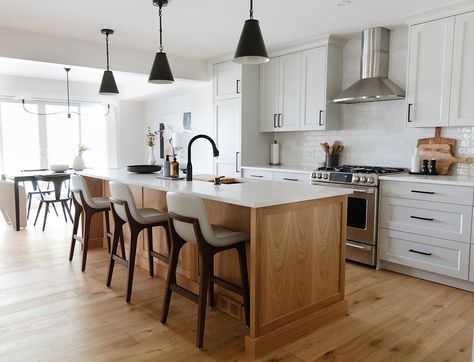 Perfect blend of warm wood and fresh white an oak island with a furniture base, surrounded by sleek, painted MDF cabinets. It’s a blend of materials that just works. White Cabinets With Wood Island, White Cabinets Wood Island, White Oak Kitchen Island, White Oak Kitchen, Wood Island, Mdf Cabinets, Oak Island, Wood Kitchen Cabinets, Oak Kitchen