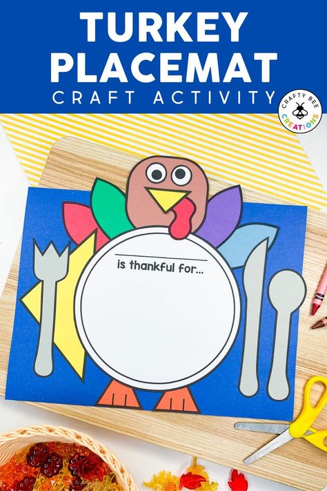 Invite your kids to create their own turkey placemat for Thanksgiving this year. Make them in the classroom and practice fine motor skills during centers or independent work times. They make a lovely keepsake that parents will love displaying at family dinners! Thanksgiving Place Mats Kindergarten, Prek Thankful Craft, Thanksgiving Place Mat Crafts For Kids, Thanksgiving Placemats Kindergarten, Thanksgiving Crafts Preschool Placemats, Thanksgiving Placemat Preschool, Thanksgiving Gifts For Parents From Kids, Turkey Stem Activities, Thanksgiving Placemats Kids Crafts