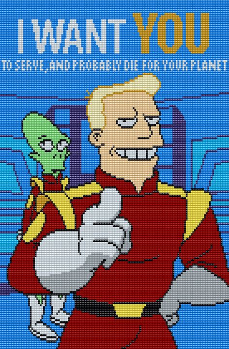 Futurama Alpha Pattern, Futurama Poster, Crochet Tapestries, Cartoon Crochet, Square Grid Pattern, Geeky Cross Stitch Patterns, Poster Square, Geeky Cross Stitch, Crochet Grid