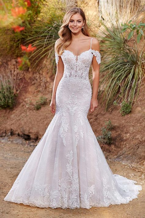 The Wedding Dresses Taking Over In 2021 - Modern Wedding Cambria Wedding, Mon Cheri Bridal, Martin Thornburg, Sheer Corset, Bridal Gowns Mermaid, Trumpet Wedding Dress, Scallop Hem, Corset Bodice, Chapel Train