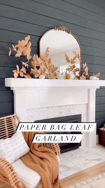 Paper Bag Halloween Decorations, Fall Mantle Decor Modern, Paper Bag Leaf Garland, Fall Garland Diy Mantles, Boho Mantle, Mantle Decor Modern, Diy Fall Banner For Fireplace, Fall Banner For Mantle, Fall Felt Garland Mantle