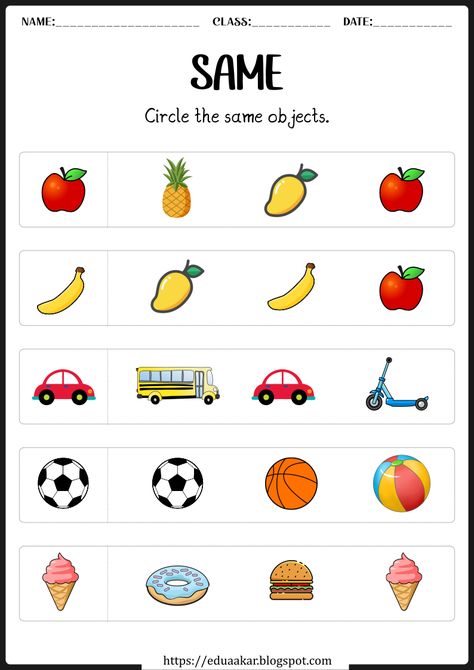 Same and Different Worksheets for Kids: Develop Cognitive Skills with Fun Maths Concepts For Preschoolers, Nursery Study Material, Logical Worksheets For Kindergarten, Playschool Worksheets, Evs Worksheet For Lkg, Kindergarden Activities English, Lkg Worksheets Maths, Nursery Worksheets Preschool English, Nursery Class Activities