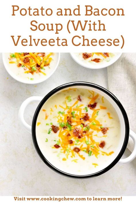 Velveeta potato soup. This is a rich and creamy cheesy potato soup made with Velveeta cheese. It includes potatoes, celery, onion, carrots, and bacon. Outback Potato Soup, Creamy Cheesy Potatoes, Creamy Potato Soup Recipe, Cheesy Potato Soup, Potato Soup Easy, Loaded Potato Soup, Bacon Soup, Creamy Potato Soup, Loaded Baked Potato Soup