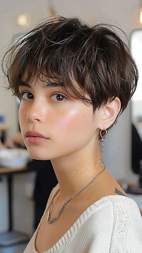 Unstyled Pixie Haircut, Short Hair Inspo Pixie Hairstyles, Tomboy Hairstyles Round Face, Pixie Cut Chubby Face, Haircuts Unstyled, Very Short Hair Styles, Edgy Bangs, Short Summer Haircuts, Pixie Cut With Long Bangs