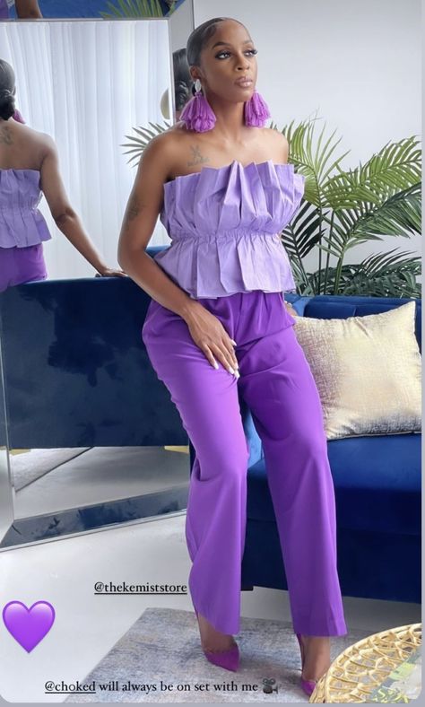 Purple Birthday Outfit For Women, Purple Chic Outfit, Purple Two Piece Outfit, Purple Trousers, Outfit Combos, Color Combos Outfit, 2piece Outfits, Color Blocking Outfits, Purple Pants