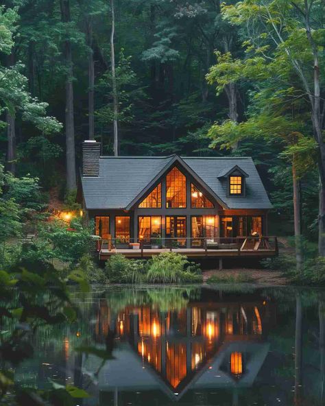 27+ Lake Cabins That Will Blow Your Mind Mountain Lake Cabin, Cozy Cabin Exterior, Homes In The Woods, Cabin By The Lake, Norwegian Cabin, Mountain House Design, Small Cabins, Cabin Loft, Mountain Cabins