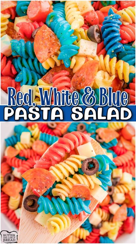 Red, White and Blue Pasta Salad made with pasta, mozzarella cheese, pepperoni, tomatoes & your favorite Italian dressing! Fun & festive patriotic salad perfect for 4th of July! 4th Of July Vegetable Tray, 4th Of July Mexican Food, 4th Of July Lunch Ideas For Kids, 4th Of July Festive Food, Dip For 4th Of July, Cookout Meals For A Crowd, Red White And Blue Pasta Salad Recipes, July 4th Food Pasta Salad, Salads For 4th Of July Party