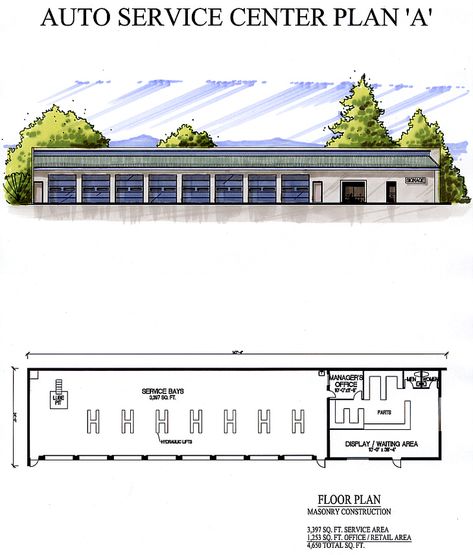 Auto Service Plan A Auto Repair Shop Design Floor Plan, Auto Shop Floor Plan, Automotive Workshop, Architecture Model Trees, Warehouse Plan, Auto Service Center, Car Showroom Design, Floor Plan With Dimensions, Building Design Plan