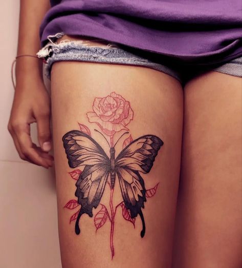 First Tattoo Ideas For Women Thigh, Woman’s Thigh Tattoos, Thigh Tats For Women Flowers, Upper Leg Tattoos For Women Thigh Tat Butterfly, Tattoo Ideas Female Meaningful Thigh, Back Of Thigh Tattoos Women Unique, Thigh High Tattoos Women, Thick Thigh Tattoo Women, Medium Thigh Tattoos Women