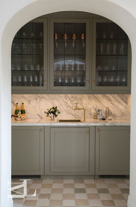 Checkered Floor Kitchen, Wet Bar Cabinets, Home Wet Bar, Gray Cabinets, Am I The Only One, Thirsty Thursday, Transitional Kitchen, Glass Cabinet, Whole 30