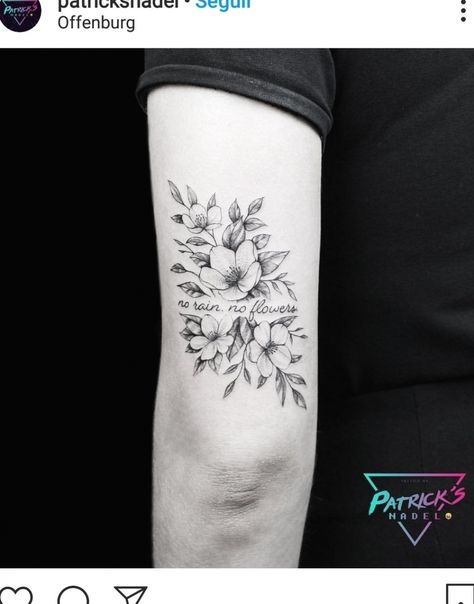 Flower Around Words Tattoo, Inspirational Flower Tattoos, Word Tattoo With Flowers Around It, Flowers Around Writing Tattoo, Words Surrounded By Flowers Tattoo, Have You Ever Seen The Rain Tattoo, Perfectly Imperfect Flower Tattoo, Storm And Flowers Tattoo, Song Lyric Tattoos With Flowers