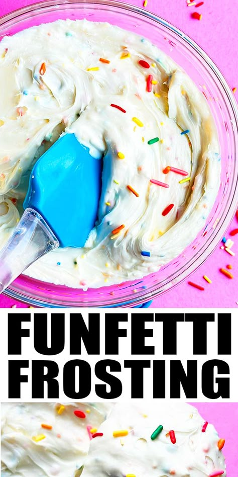 FUNFETTI FROSTING RECIPE- Quick and easy, homemade with simple ingredients. Smooth, creamy, fluffy and full of vanilla flavor and lots of colorful sprinkles. Great for spreading on birthday cakes and piping cupcakes too. Tastes even better than the Pillsbury version. From CakeWhiz. Funfetti Cream Cheese Frosting, Funfetti Icing Recipe, Betty Crocker Vanilla Frosting Recipe, Easy Cake Frosting Recipe, Birthday Cake Icing Recipe, Funfetti Icing, Piping Cupcakes, Gooey Desserts, Funfetti Frosting