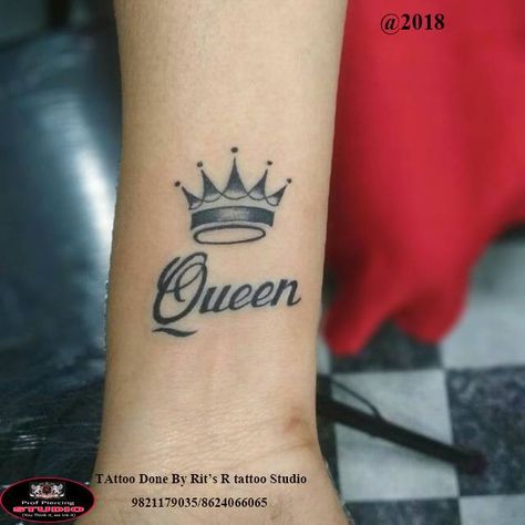 Small Crown With Word Queen Tattoo on Forearm Queen Word Tattoo, Queen Hand Tattoo, Queen Tattoo For Women, Believe Wrist Tattoo, Love Wrist Tattoo, Queen Bee Tattoo, Wrist Tattoos Words, Queen Of Hearts Tattoo, Meaningful Wrist Tattoos