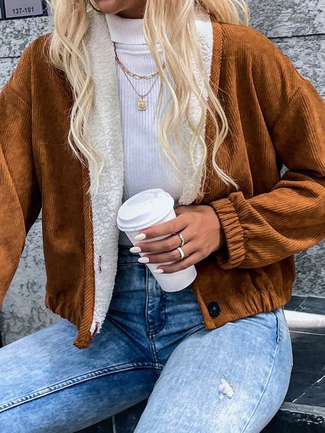 Brown Casual  Long Sleeve Corduroy Plain Other  Non-Stretch Fall/Winter Women Outerwear Corduroy Outfit, Shein Jackets, Corduroy Coat, Women Outerwear, Jacket Outfit, Evening Outfits, Corduroy Skirt, Chunky Knits Sweater, Corduroy Jacket