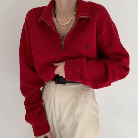 Polo Women Outfit, Zipper Sweater Outfit, Half Zip Outfit, Half Zip Sweater Outfit, Zip Sweater Outfit, Red Sweater Outfit, Sweater Women Outfit, Knit Half Zip, Half Zip Sweater