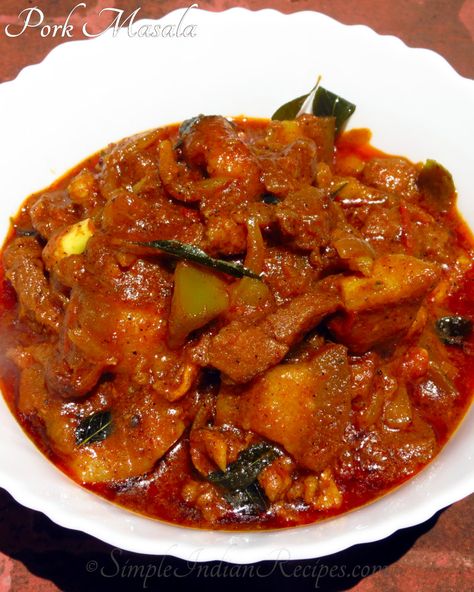 https://simpleindianrecipes.com/More/Pork-Masala.aspx Pork Masala, Indian Pork, Pork Cubes, Vegetarian Gravy, Paleo Chili, Easy Indian Recipes, Curry Shrimp, Fish Curry, Mangalore