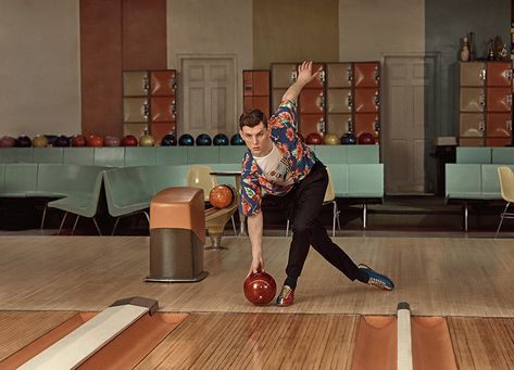 Mr Porter x Prada: Bowling Nostalgia – PAUSE Online | Men's Fashion, Street Style, Fashion News & Streetwear Jacqueline Bisset, Striped Knitwear, Prada Collection, Bowling Alley, Checked Trousers, Harrington Jacket, Mens Luxury Fashion, Miuccia Prada, Retro Summer