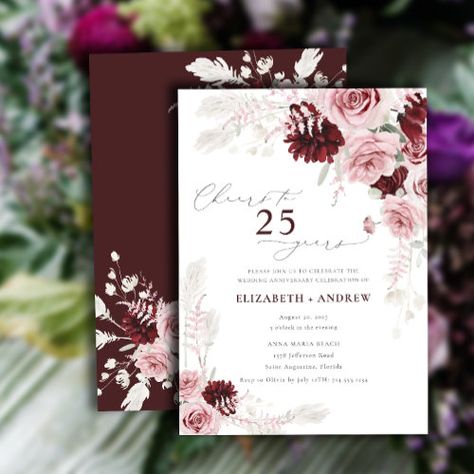 $2.98 | Burgundy Blush Floral 25th Wedding Anniversary - elegant modern, anniversary, watercolor, 25th 30th 40th 50th 60th, wedding anniversary, burgundy floral, botanical, pampas grass, dusty rose, chic Anniversary Watercolor, 25th Wedding Anniversary Invitations, Rose Quartz Wedding, Burgundy Invitations, 60th Wedding Anniversary, Pirate Wedding, Burgundy And Blush Wedding, Anniversary Invitation, Wedding Anniversary Celebration