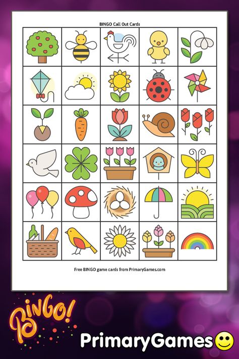 FREE printable Spring BINGO Game. Easy to use - just PRINT and PLAY. Spring picture BINGO cards feature images of Baby Animals, Spring Flowers, Rainbows, Kites and more! Find lots fun BINGO games at PrimaryGames. Spring Memory Game Free Printable, Spring Memory Game, Spring Bingo Free Printable, Bingo Clipart, Bingo Pictures, Picture Bingo, Free Printable Bingo Cards, Spring Picture, Free Bingo Cards