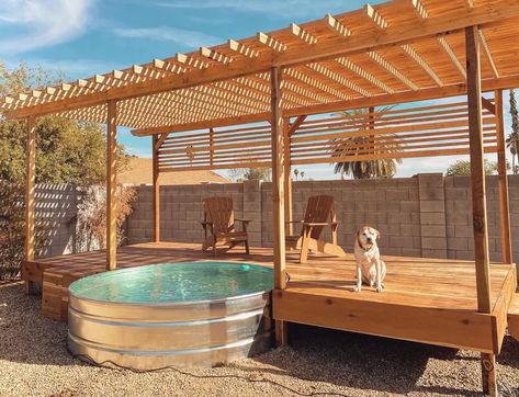 32 Clever Stock Tank Pool Designs and Ideas Cowboy Pools Ideas, Stock Tank Swimming Pool Ideas, Feeding Trough Pool, Troff Pool, Cowboy Pool With Deck, Cow Trough Pool, Stock Tank Pool With Deck, Cattle Trough Pool, Country Pool Ideas