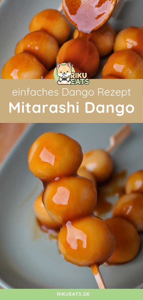 Die beliebte traditionelle Süßspeise aus Japan, Mitarashi Dango, findet man in Japan heutzutage nicht nur frisch gemacht in Süßwarenläden, sondern auch im Supermarkt und in Lebensmittelgeschäften. Diese japanischen Klebreiskugeln, ummantelt von einer süß-herzhaften Sauce, eignen sich perfekt als Dessert oder Snack für unterwegs und beeindrucken garantiert jeden! Mache sie dir ganz einfach mit diesem Dango Rezept selber! Dango Recipe, Mitarashi Dango, Chinese Desserts, Japenese Food, Dessert Sushi, Dinner Party Dishes, Lunch Inspiration, Chinese Dessert, Dinner Meal Prep