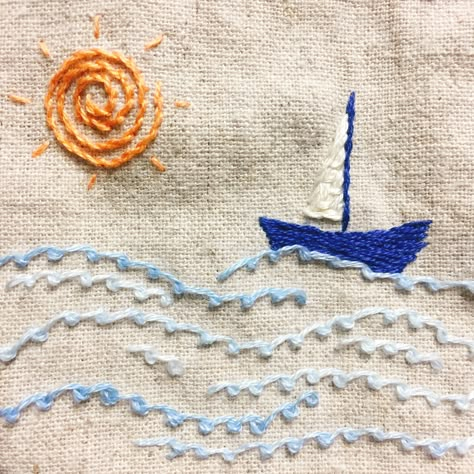 Coastal Embroidery, Embroidered Waves, Beach Embroidery Designs, Sailboat Embroidery, Scroll Stitch, Funky Embroidery, Boat Embroidery, Ocean Embroidery, Embroidery Fish