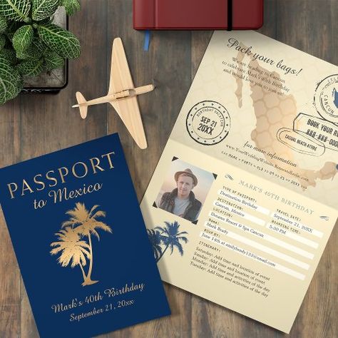 $3.54 | Blue Faux Foil Cancun Mexico Birthday Passport - palm tree, tropical destination wedding, navy blue, faux gold foil, destination birthday invitation, birthday in cancun mexico, caribbean birthday party celebration, passport birthday invitation, travel themed adult birthday, 40th birthday party invitation Destination Birthday Invitations, Caribbean Birthday Party, Mexico Birthday, 40th Birthday Party Invites, Dreams Resorts, Passport Invitations, Mexico Map, Bday Invitations, Passport Stamps