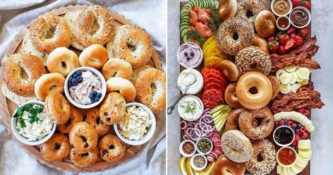 Charcuterie Board Bagels, Bagel Catering Display, Brunch Bagel Charcuterie Board Ideas, Bagel Board Display, Mini Bagel Bar, Bagel Charcuterie Board Ideas, Bagel Charcuterie Board, Bagel Platter, Bagel Board