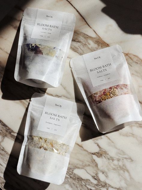 Bath Tea Packaging Ideas, Salt Branding, Bath Salts Packaging, Bath Salt Packaging Design, Epsom Salt Packaging, Health Products Packaging, Flower Tea Packaging, Herbal Soap Packaging, Beauty Care Logo